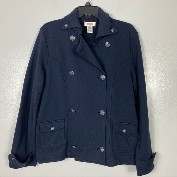 Talbots French Terry Double Breasted Military Style Jacket Navy Blue Sz L EUC - Picture 1 of 7